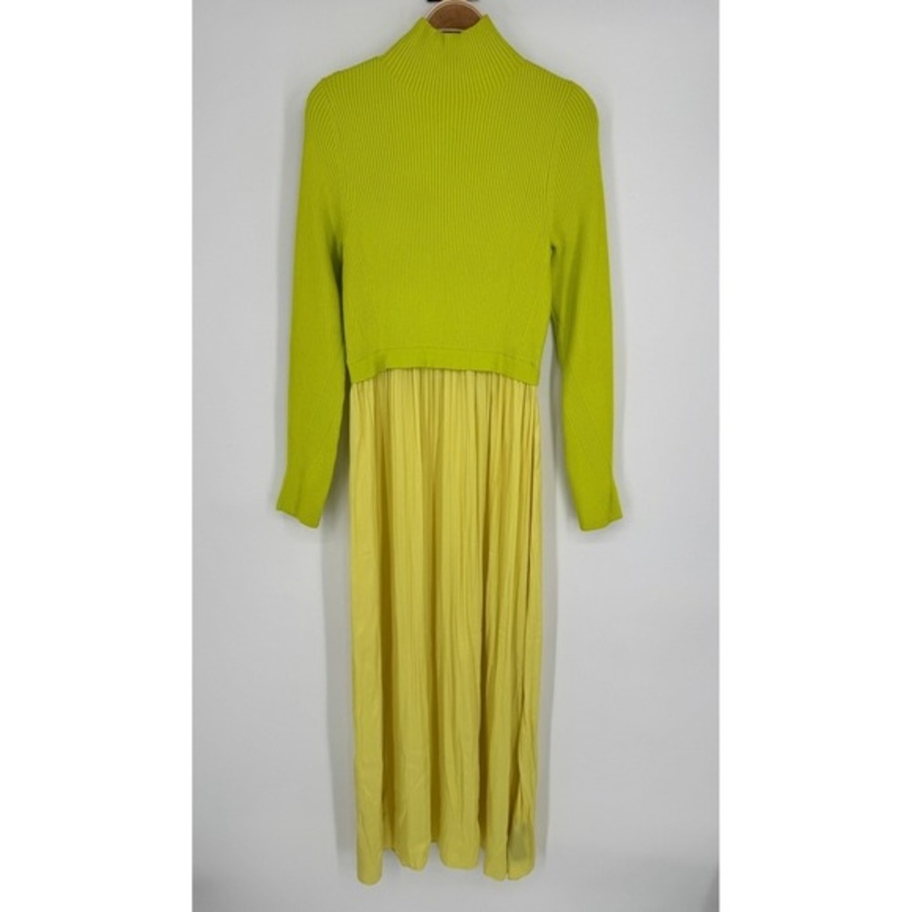 Anthropologie Thea Twofer Sweater Dress‎ L Chartreuse Yellow Ribbed Maxi Pleated - Picture 4 of 12